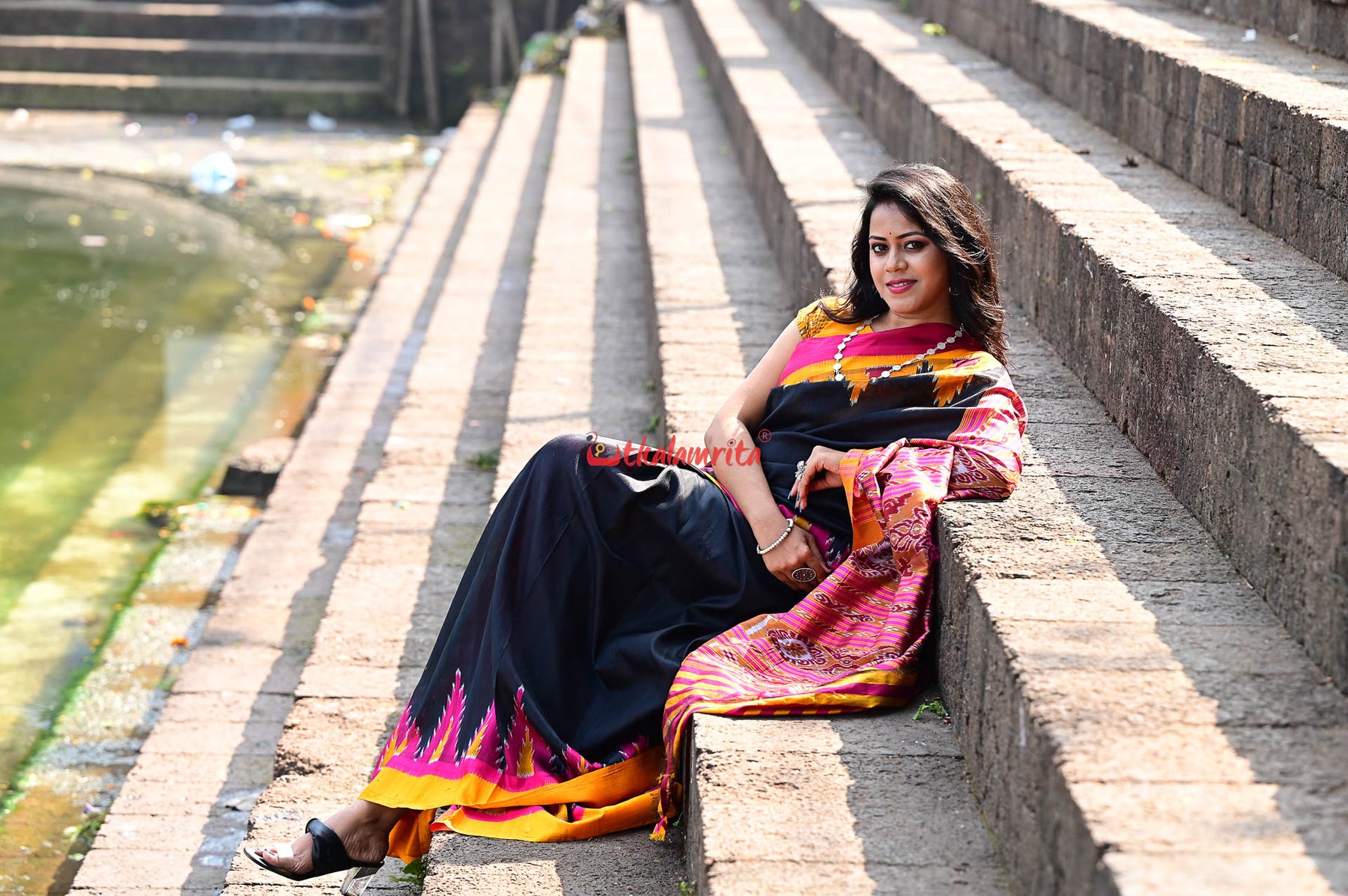 Black with Magenta Mustard Kumbha Khandua Silk Saree