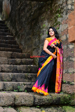 Black with Magenta Mustard Kumbha Khandua Silk Saree