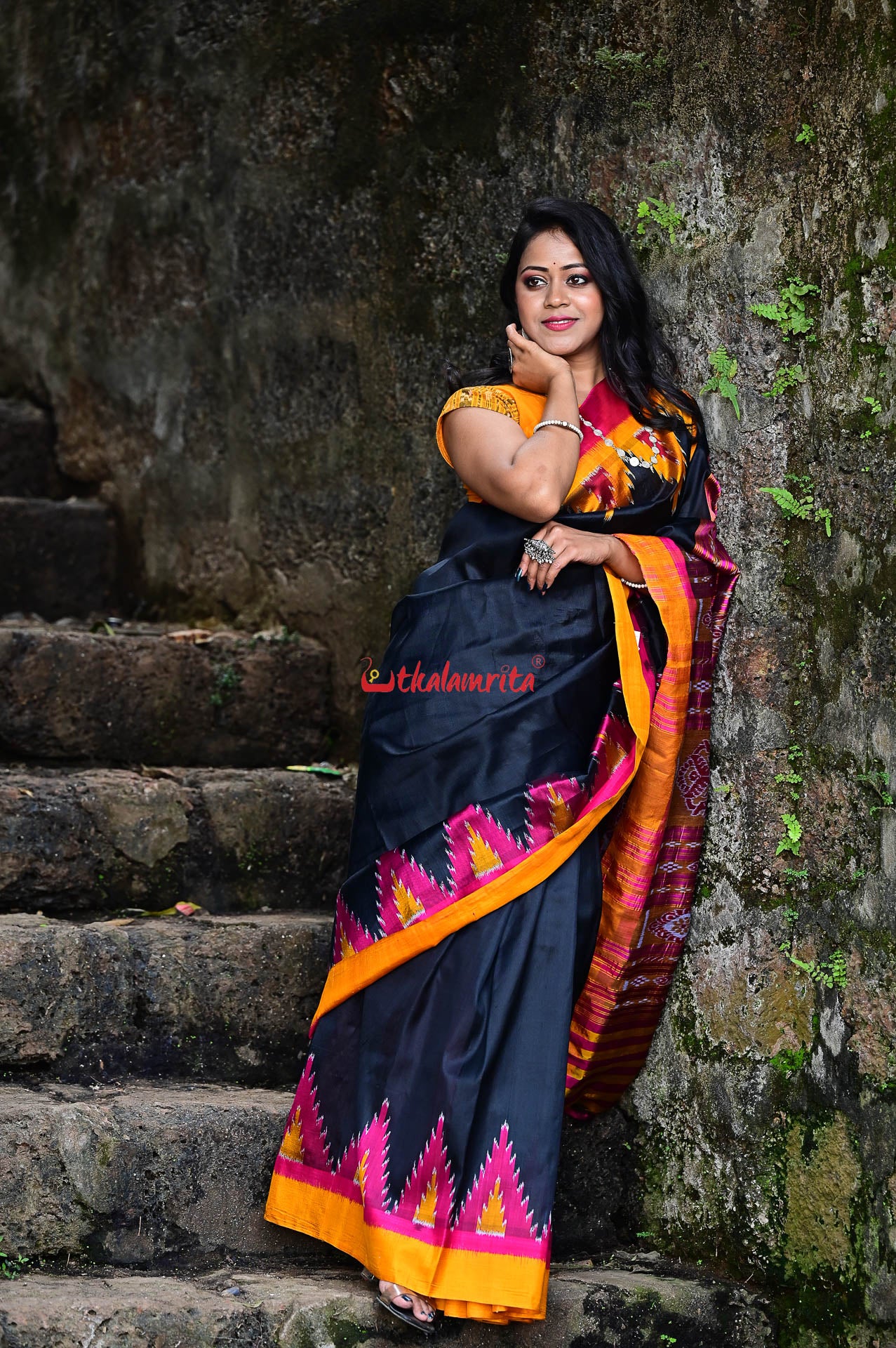 Black with Magenta Mustard Kumbha Khandua Silk Saree