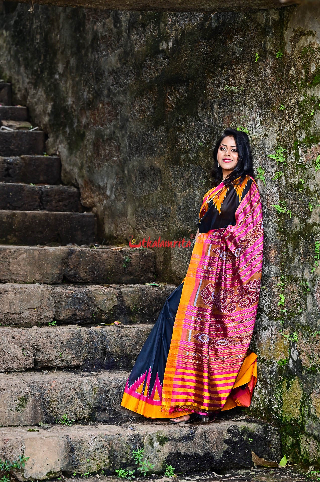 Black with Magenta Mustard Kumbha Khandua Silk Saree