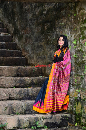 Black with Magenta Mustard Kumbha Khandua Silk Saree