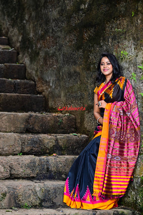 Black with Magenta Mustard Kumbha Khandua Silk Saree