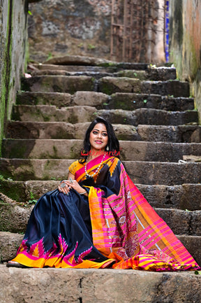 Black with Magenta Mustard Kumbha Khandua Silk Saree