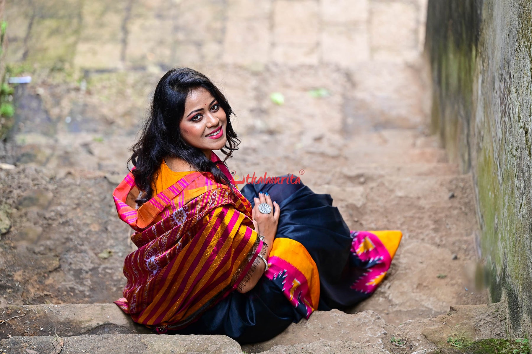 Black with Magenta Mustard Kumbha Khandua Silk Saree