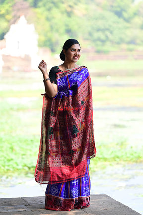 Blue with Animal Border Alpana Khandua Silk Saree