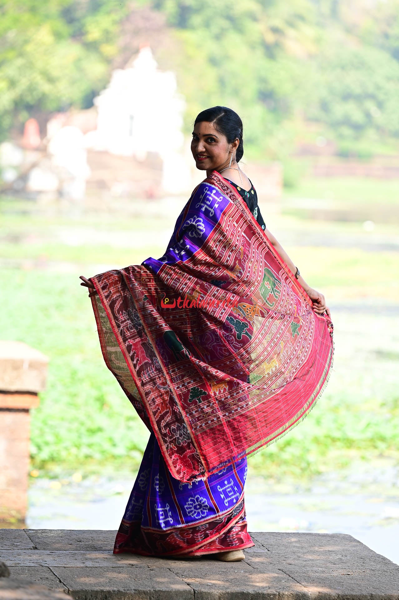 Blue with Animal Border Alpana Khandua Silk Saree