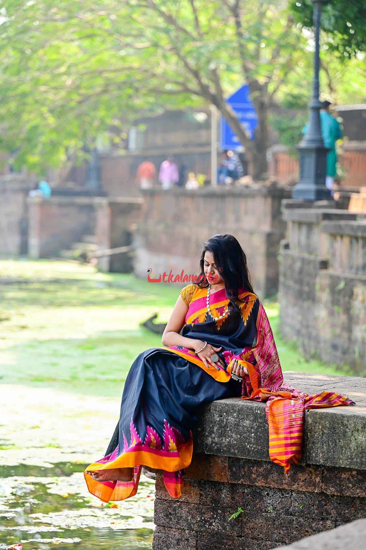 Black with Magenta Mustard Kumbha Khandua Silk Saree