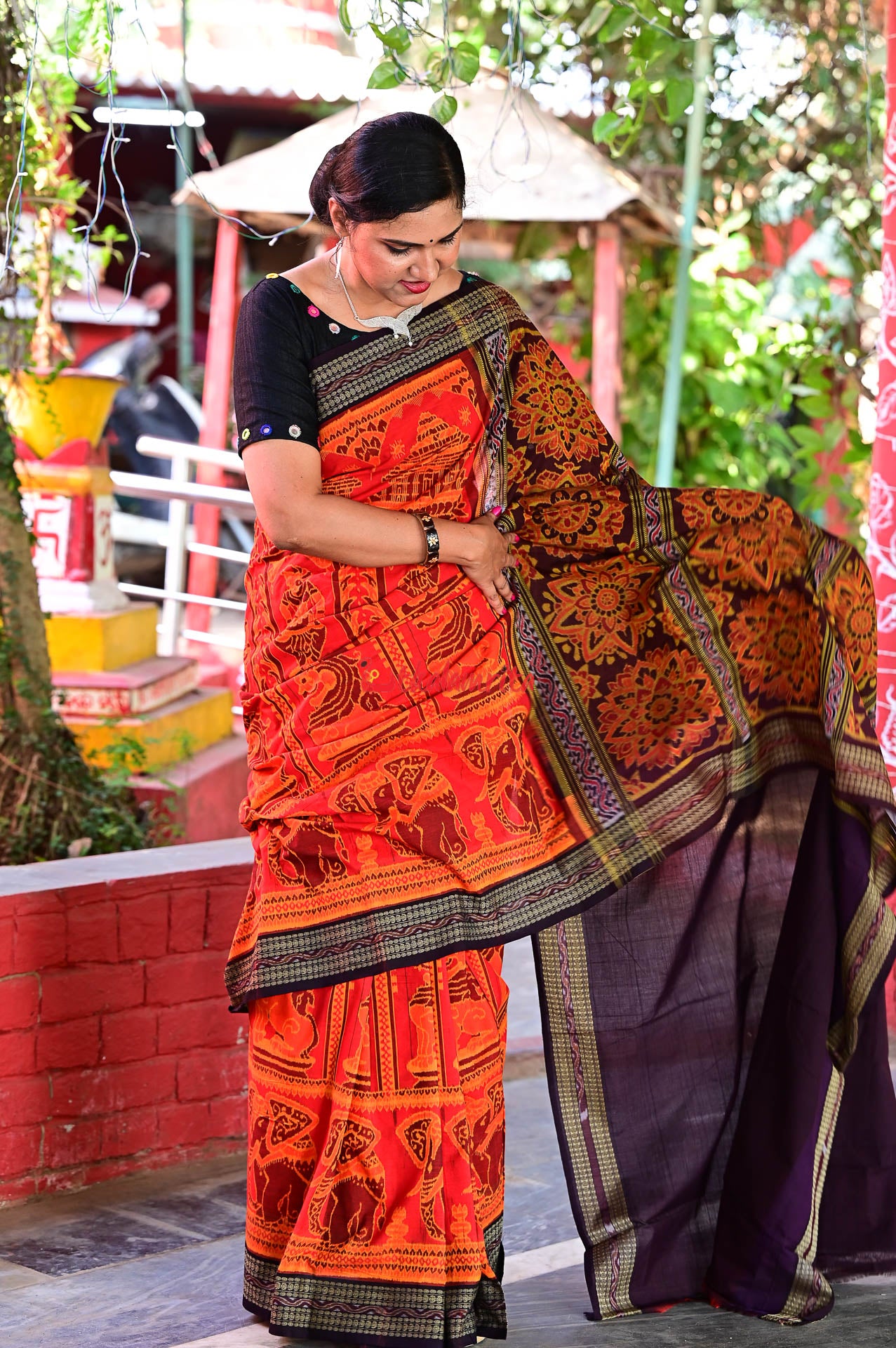 Big Haathi Lions Dancers Orange Sambalpuri Cotton Saree