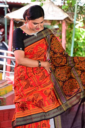 Big Haathi Lions Dancers Orange Sambalpuri Cotton Saree