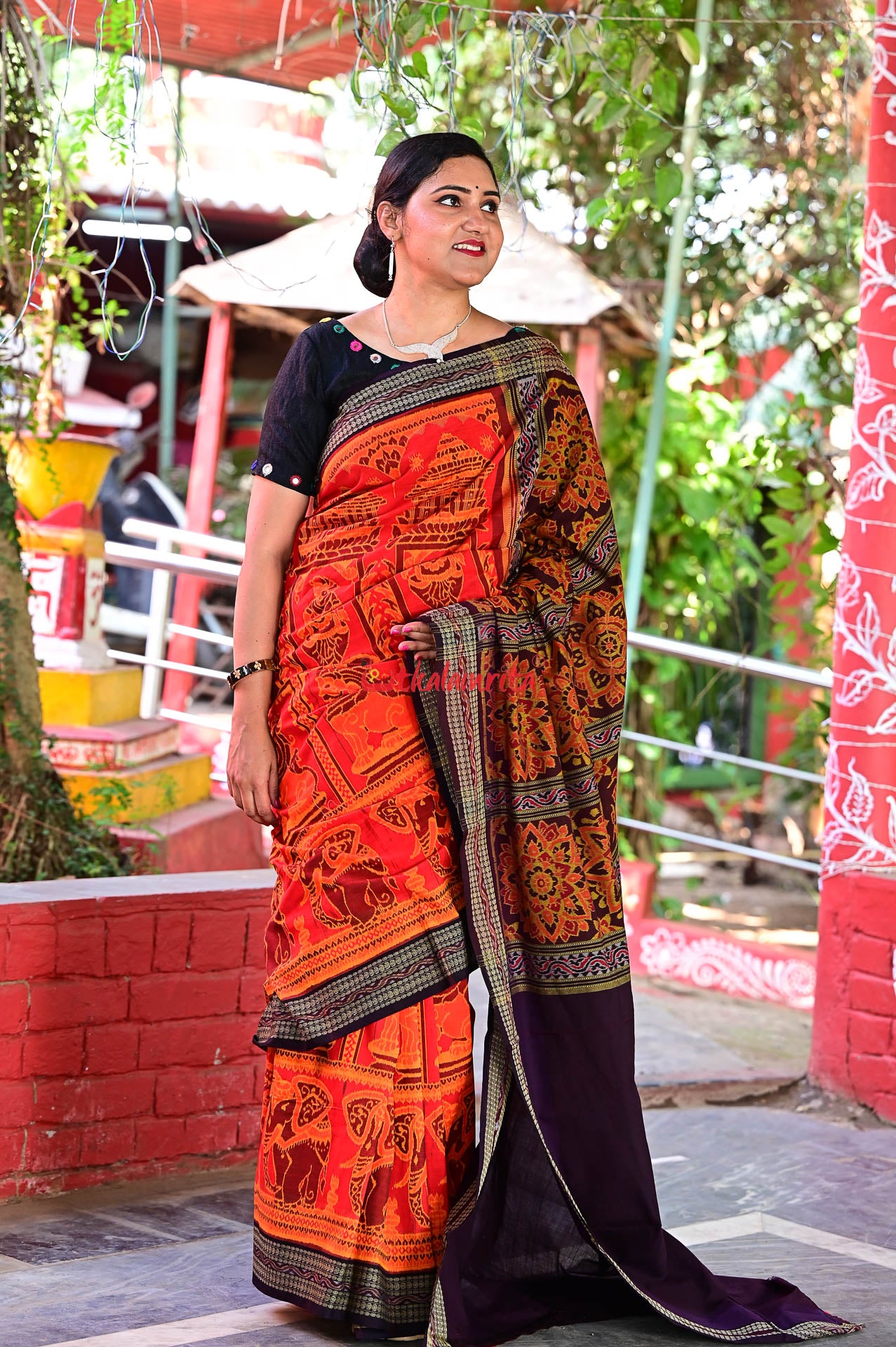 Big Haathi Lions Dancers Orange Sambalpuri Cotton Saree