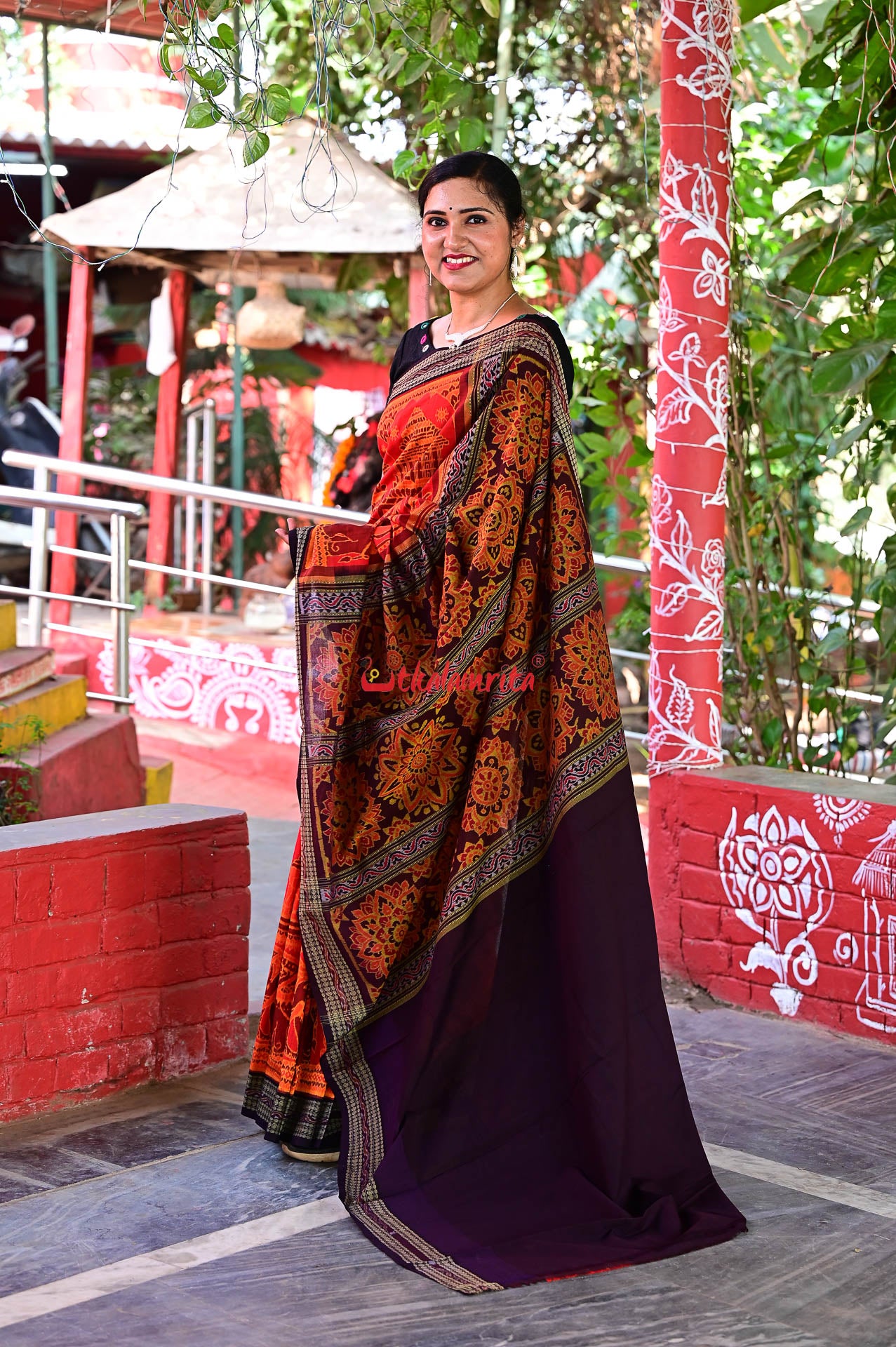 Big Haathi Lions Dancers Orange Sambalpuri Cotton Saree