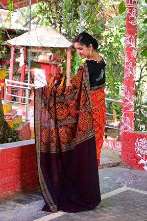 Big Haathi Lions Dancers Orange Sambalpuri Cotton Saree