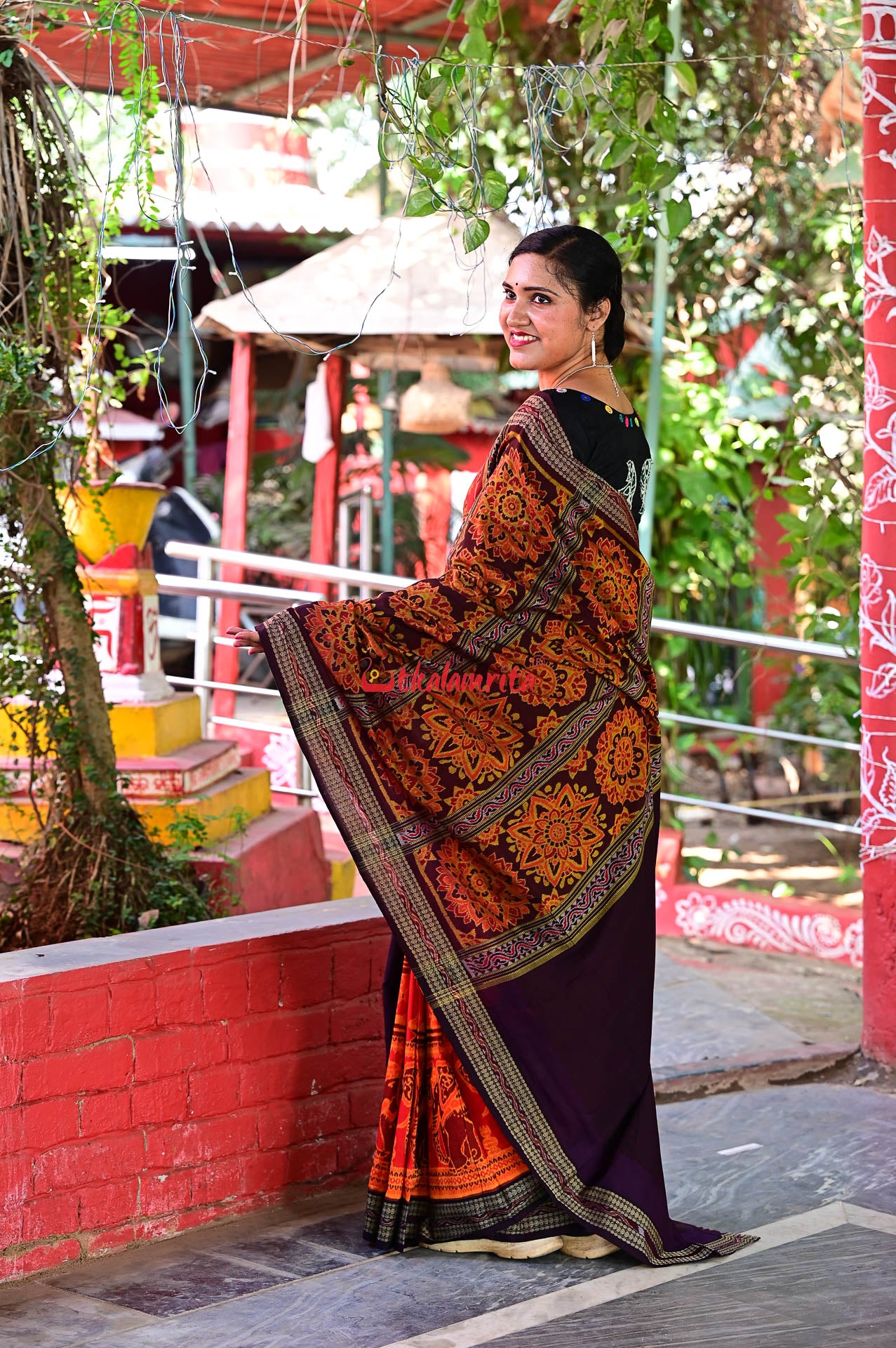 Big Haathi Lions Dancers Orange Sambalpuri Cotton Saree