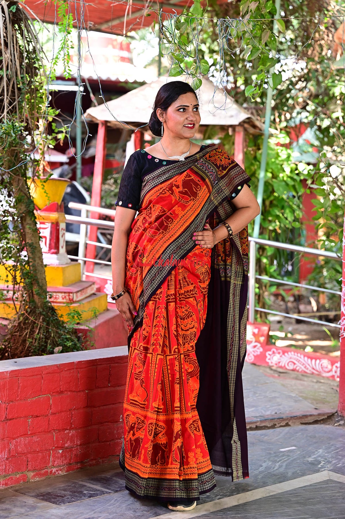 Big Haathi Lions Dancers Orange Sambalpuri Cotton Saree