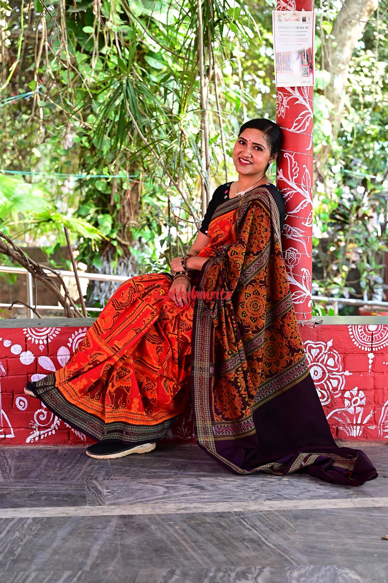 Big Haathi Lions Dancers Orange Sambalpuri Cotton Saree