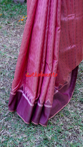 Natural Dye Pink Coffee Straight Lines Khandua Silk Saree