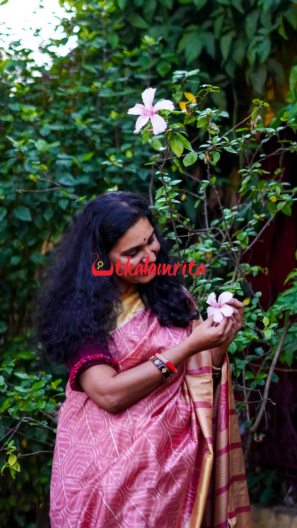 Natural Dye Pink Leaves Honey Border Khandua Silk Saree
