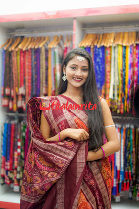 Double Machha Dhadi Bandha Orange Peacock Sambalpuri Cotton Saree