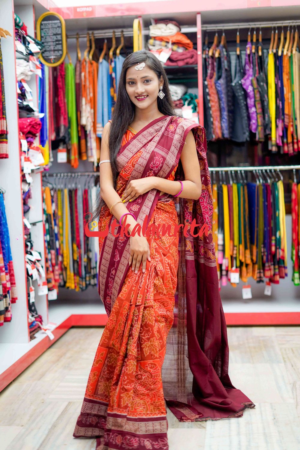 Double Machha Dhadi Bandha Orange Peacock Sambalpuri Cotton Saree