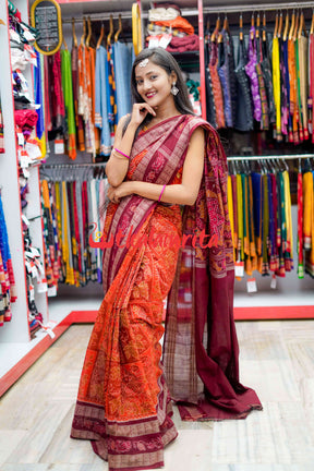 Double Machha Dhadi Bandha Orange Peacock Sambalpuri Cotton Saree