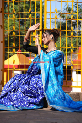 Blue Flowers and Kuthi Sambalpuri Silk Saree