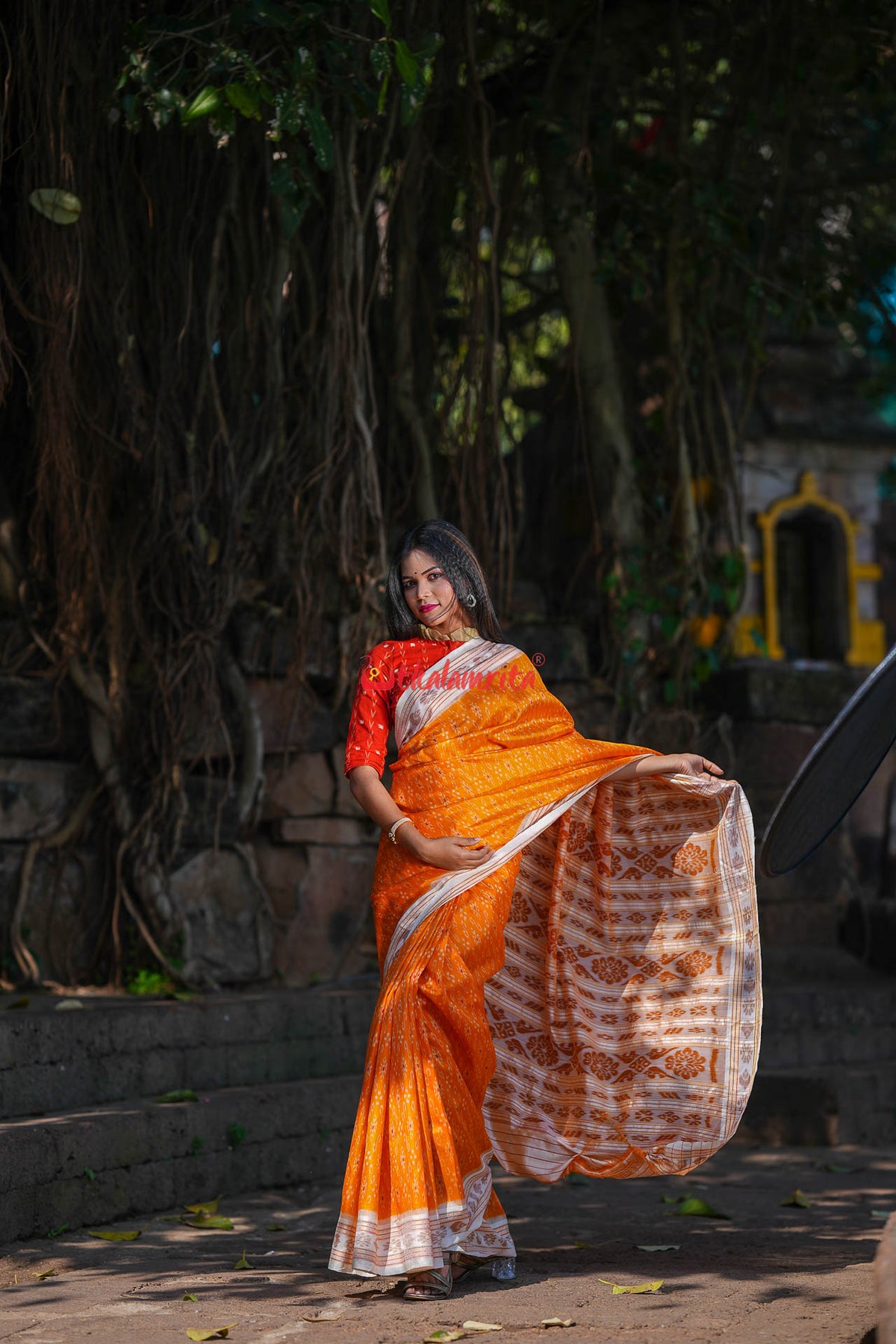 Mustard S White Khandua Silk Saree