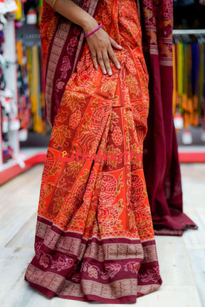 Double Machha Dhadi Bandha Orange Peacock Sambalpuri Cotton Saree