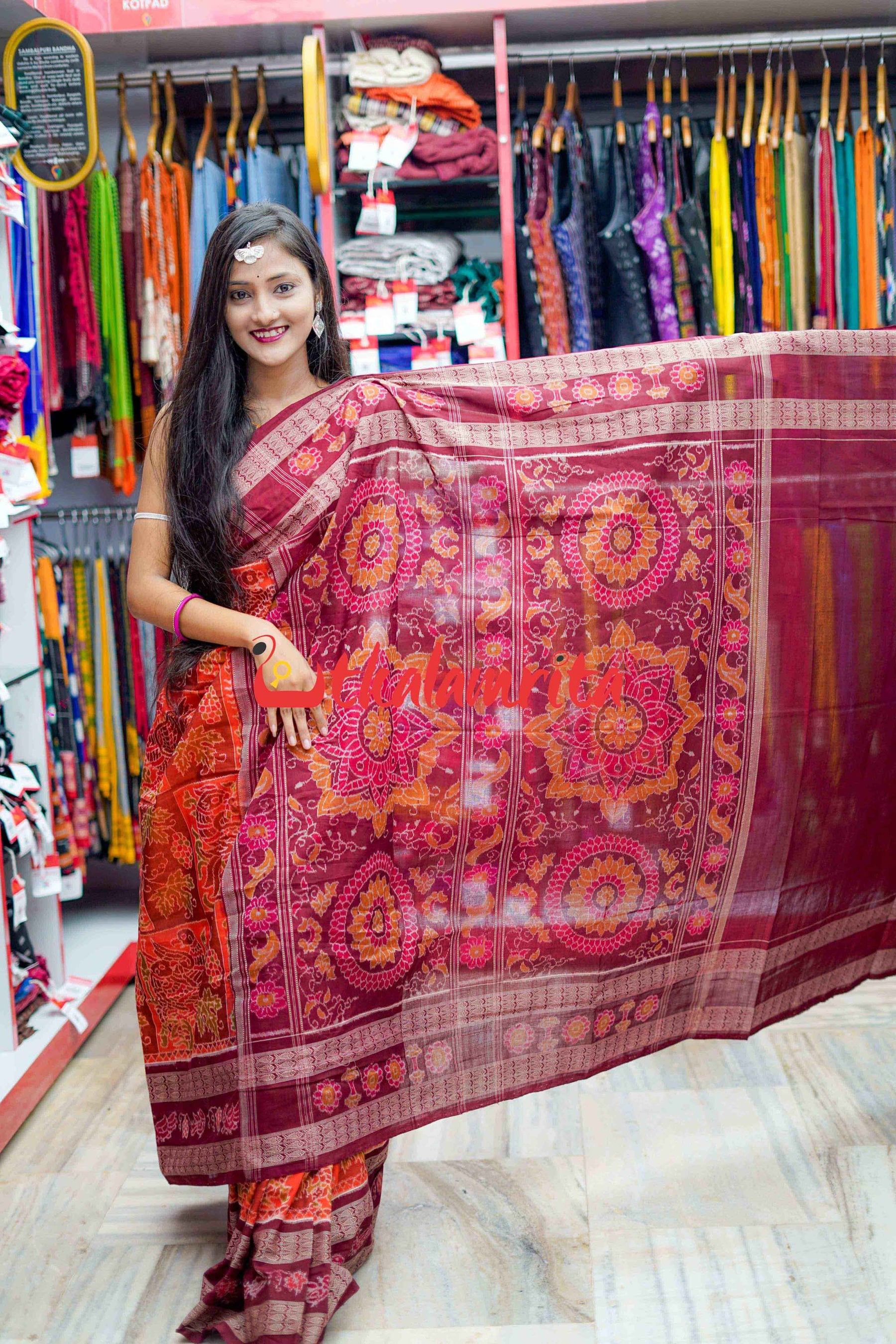 Double Machha Dhadi Bandha Orange Peacock Sambalpuri Cotton Saree