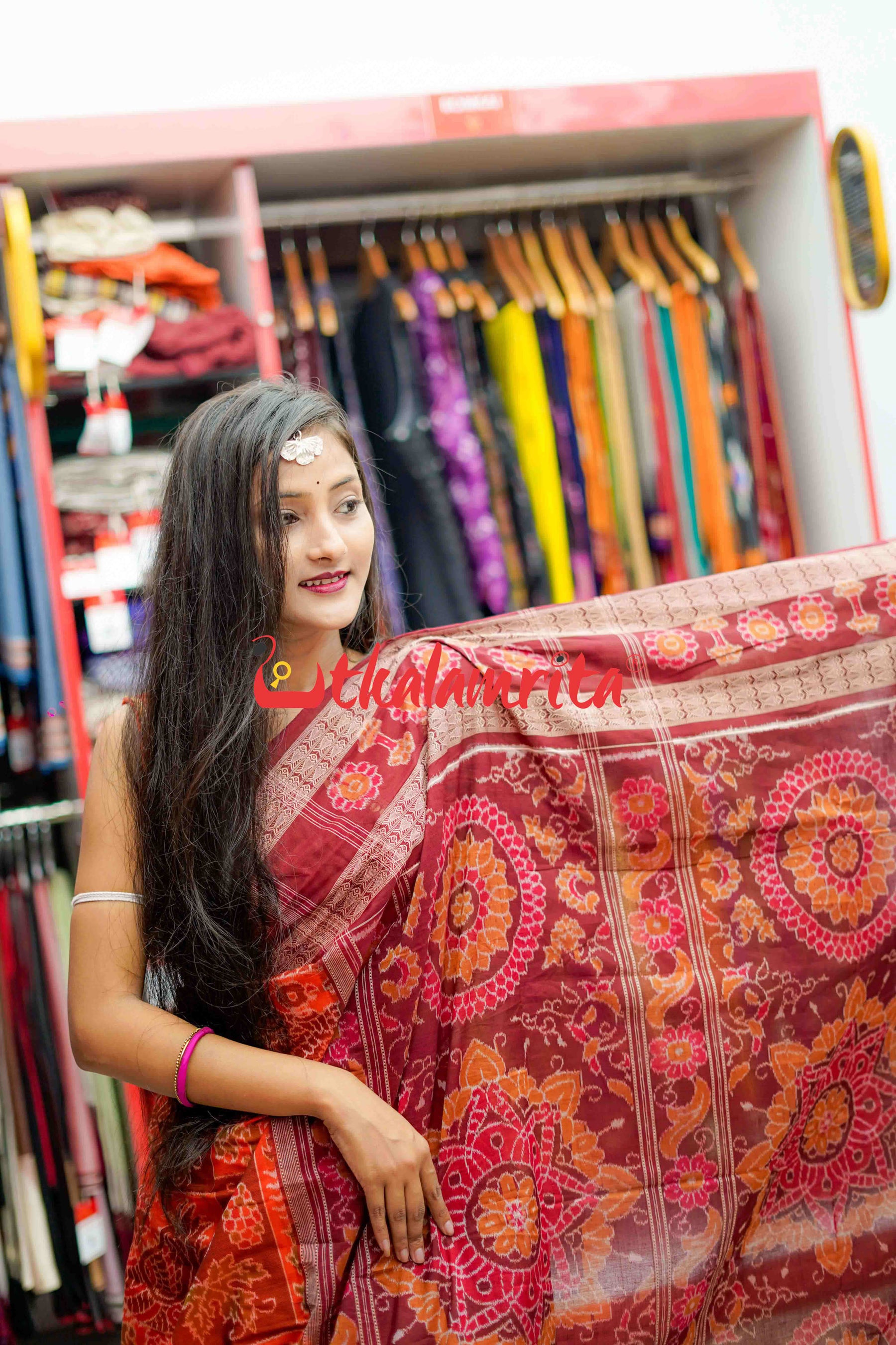 Double Machha Dhadi Bandha Orange Peacock Sambalpuri Cotton Saree