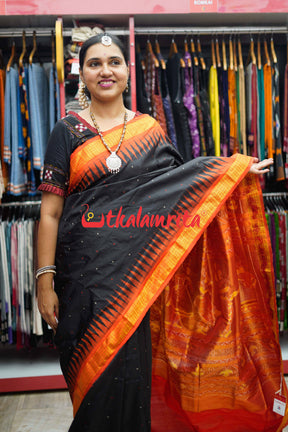 Black Orange Half Tissue Bomkai Silk Saree