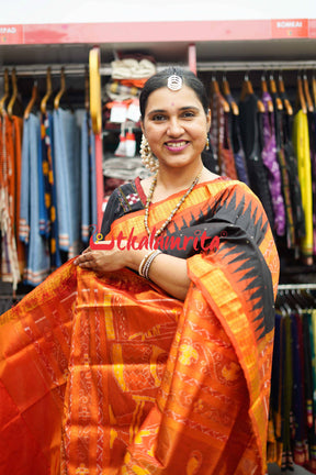 Black Orange Half Tissue Bomkai Silk Saree