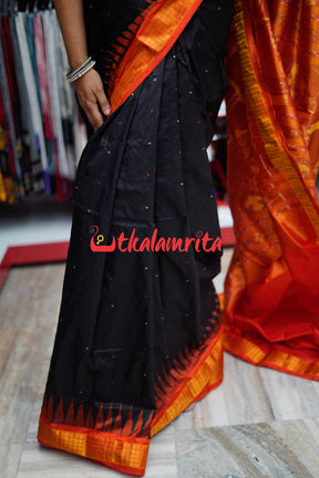 Black Orange Half Tissue Bomkai Silk Saree