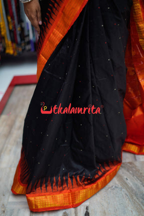 Black Orange Half Tissue Bomkai Silk Saree
