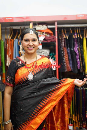 Black Orange Half Tissue Bomkai Silk Saree