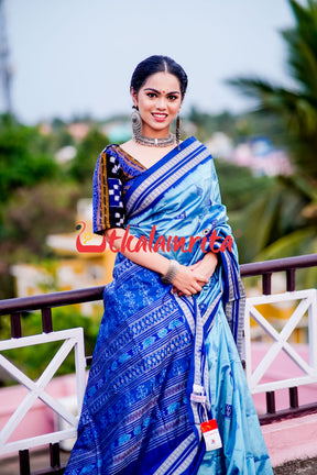 Aqua Tribal Bomkai Silk Saree