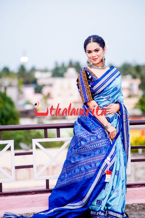 Aqua Tribal Bomkai Silk Saree