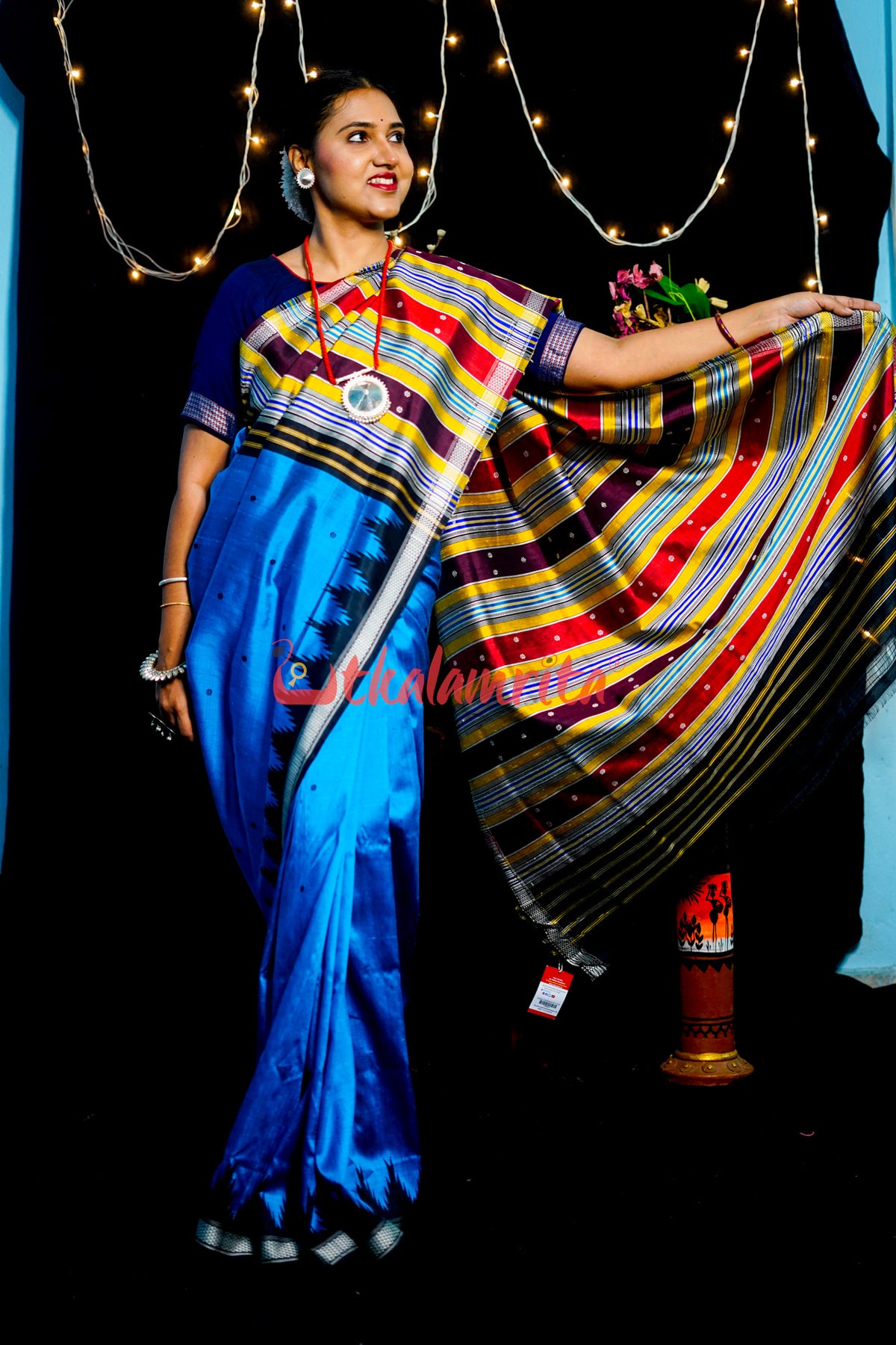 Blue Black Double Anchal Berhampuri Silk