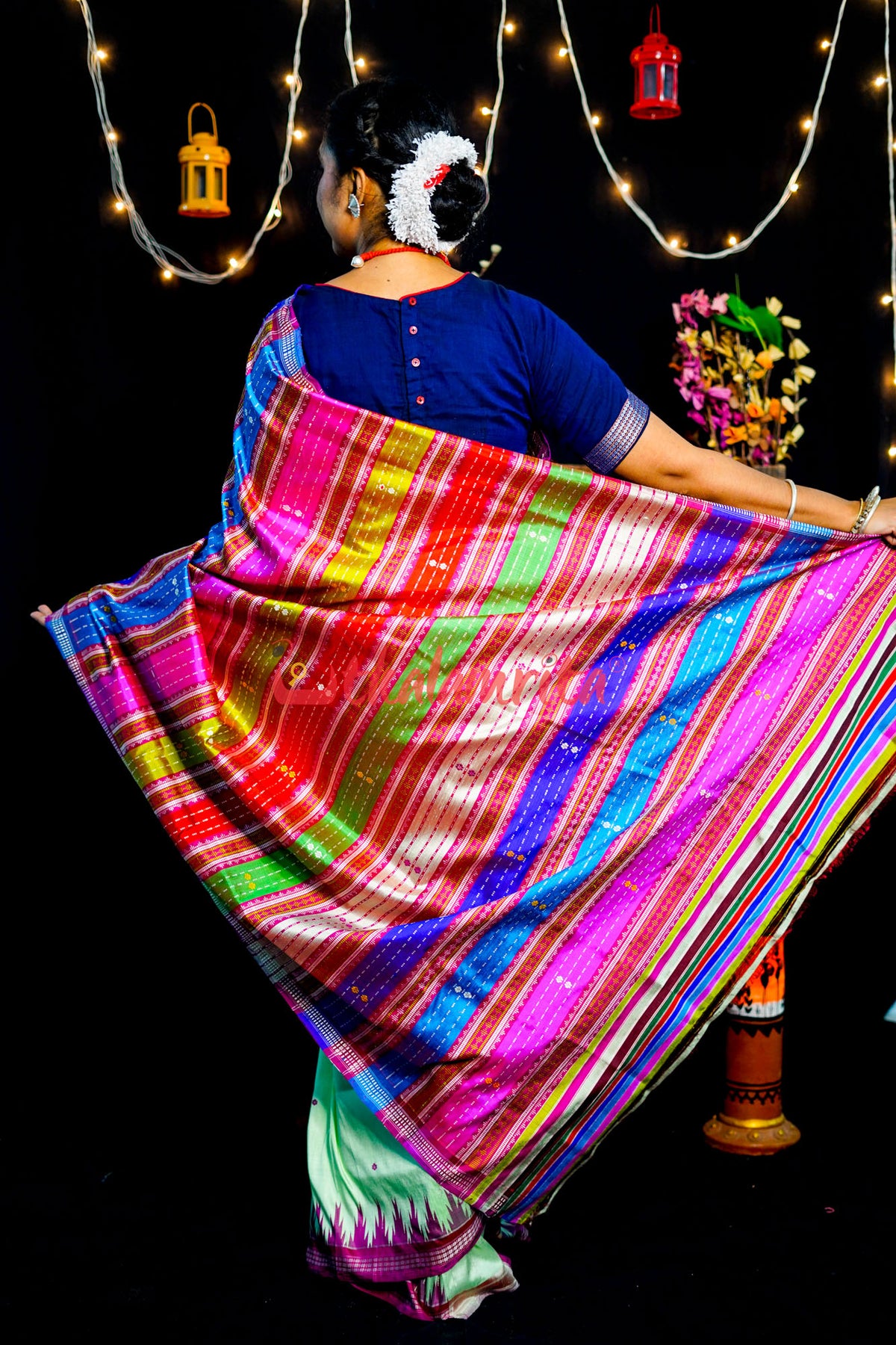 Sea Green Pink Double Anchal Berhampuri Silk