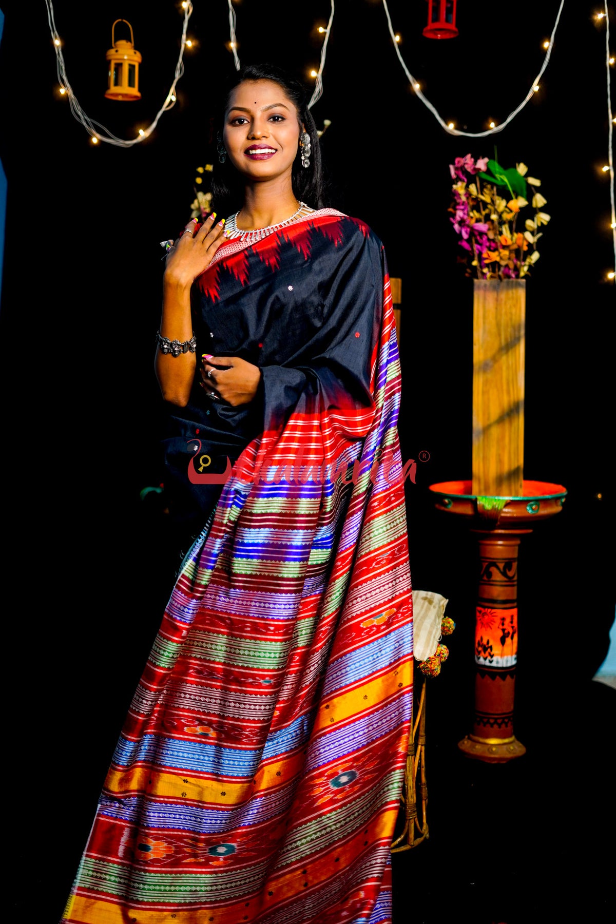Black Ganga Jamuna Double Anchal Berhampuri Silk Saree