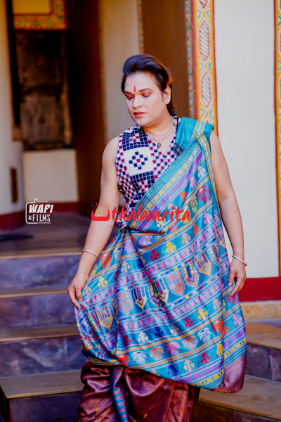 Jamakoli With Blue Bahubali Design Tussar Saree