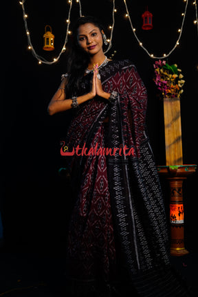 Maroon Diagonal Flower Khandua Cotton Saree