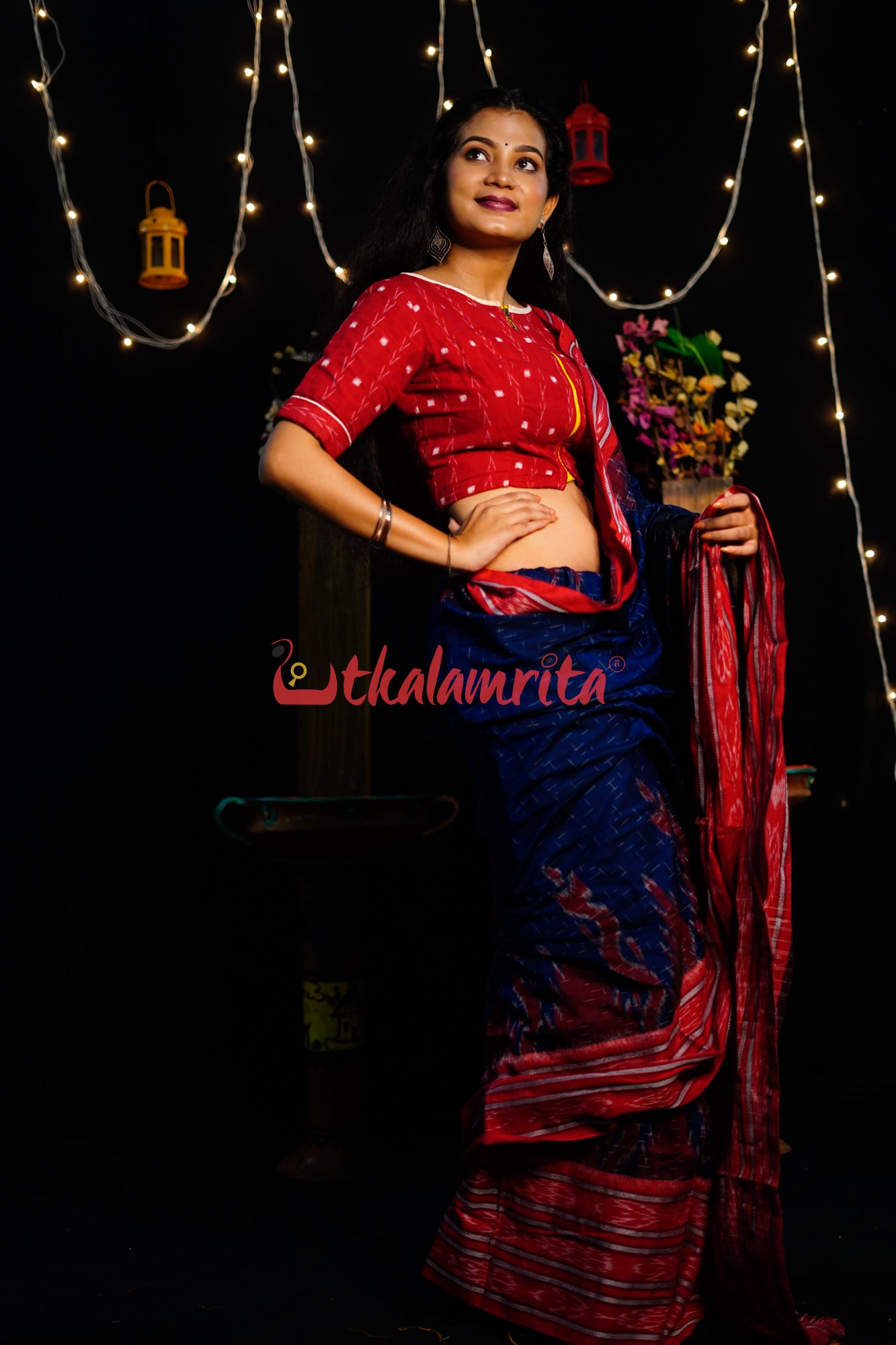 Blue Red Daali Scot Khandua Cotton Saree