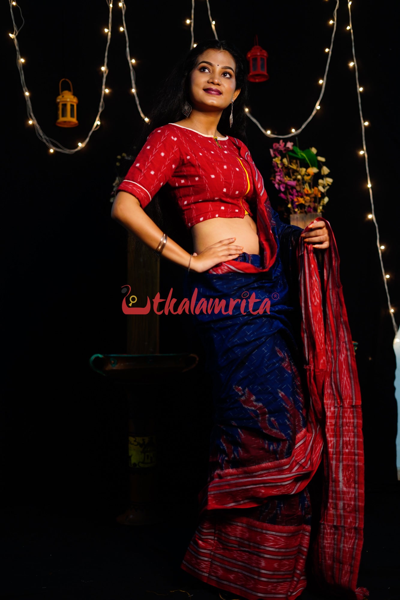 Blue Red Daali Scot Khandua Cotton Saree