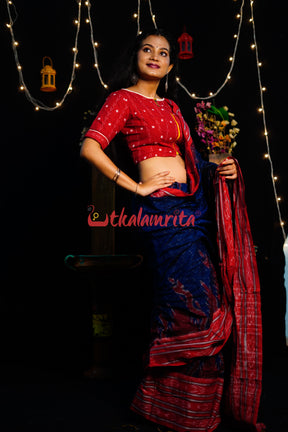 Blue Red Daali Scot Khandua Cotton Saree
