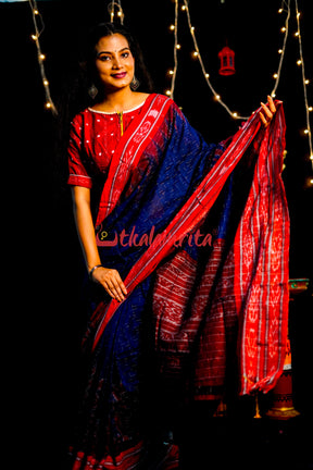 Blue Red Daali Scot Khandua Cotton Saree