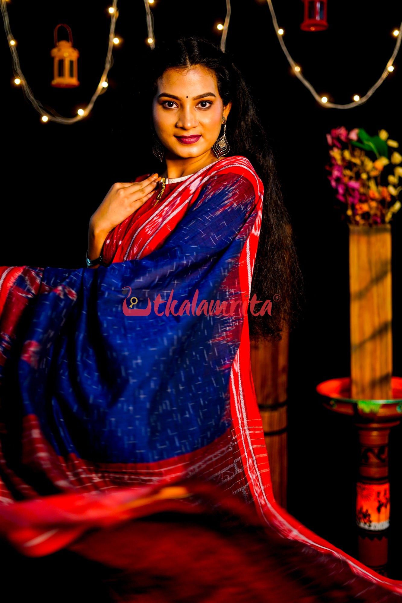 Blue Red Daali Scot Khandua Cotton Saree