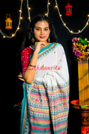 White Green Dongria Cotton Saree