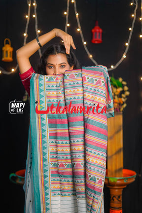 White Green Dongria Cotton Saree