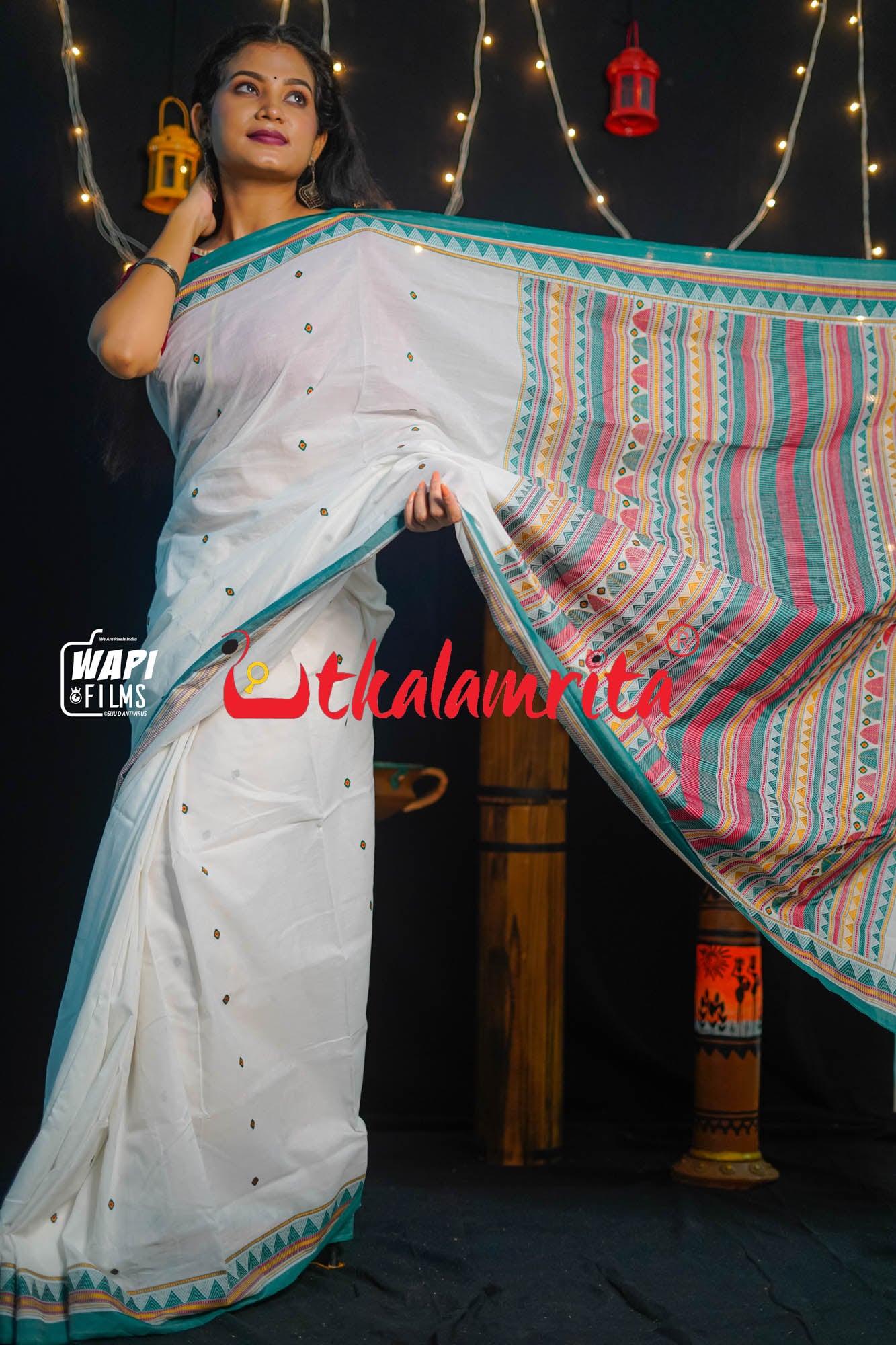 White Green Dongria Cotton Saree