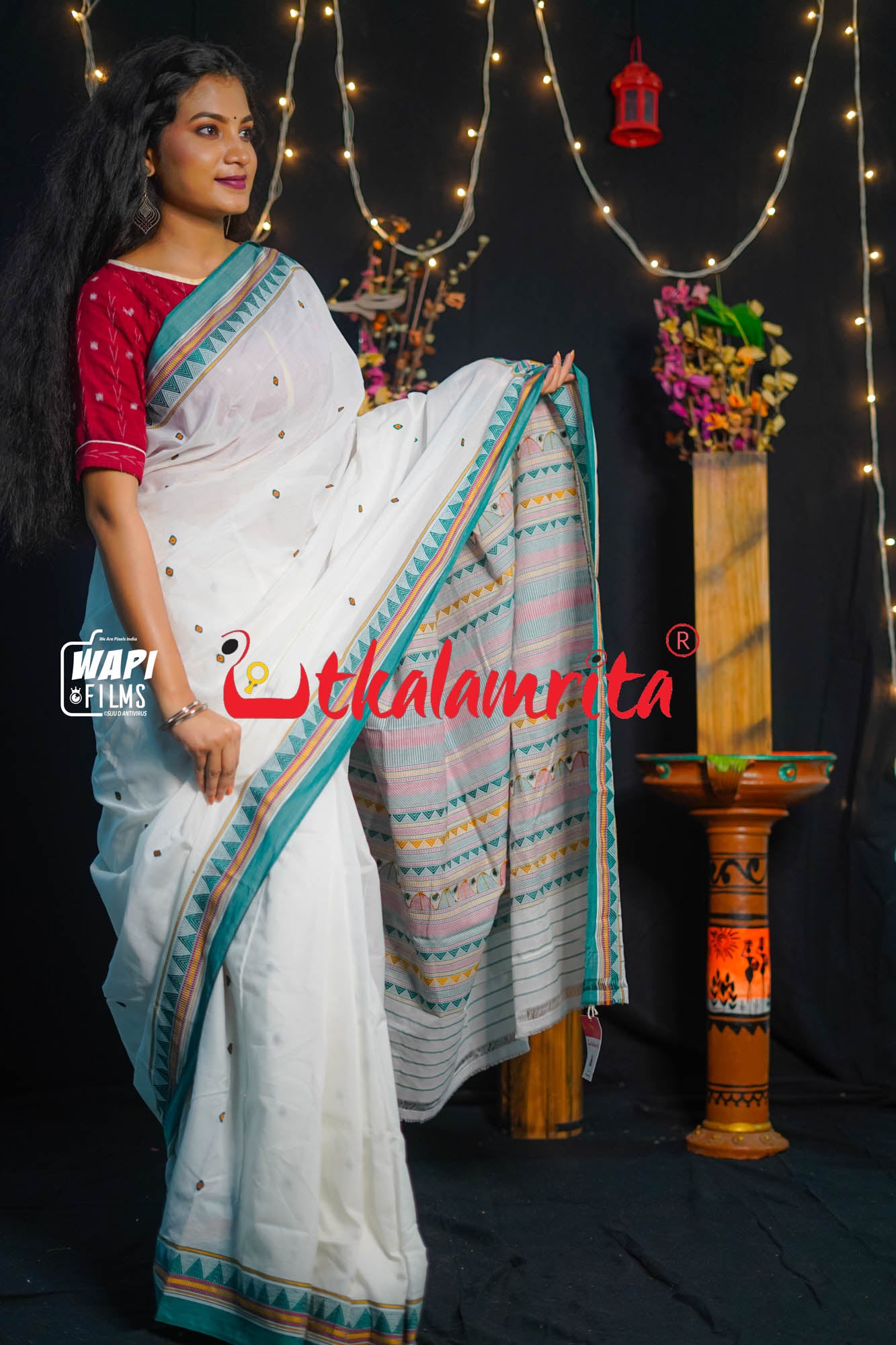 White Green Dongria Cotton Saree